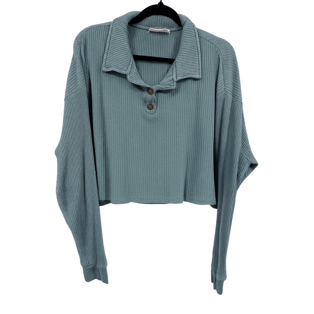 Double Zero Sage Green Waffle Knit Cropped Henley Polo Top M Preppy Clean Girl‎